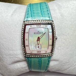 Skagen Mother of Pearl Dial Watch Aqua Strap Crystal Bezel